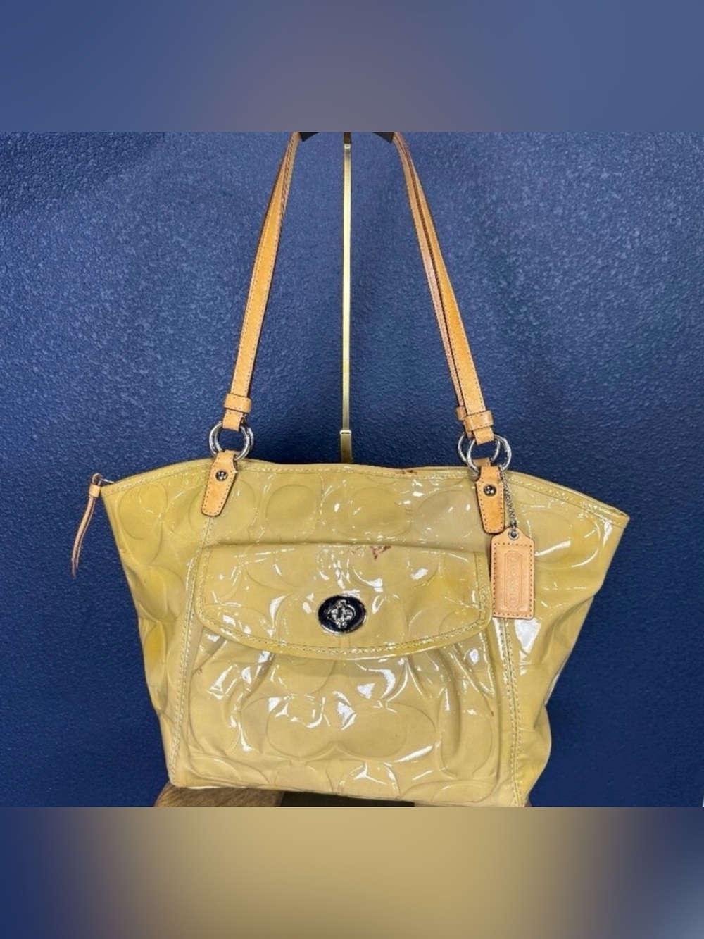 Coach Patent Leather Shoulder Tote in Yellow with Tan Straps
